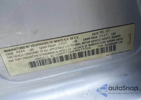 2007 Volkswagen Jetta 2.5 из США, поврежденный, VIN 3VWPF71K07M177724